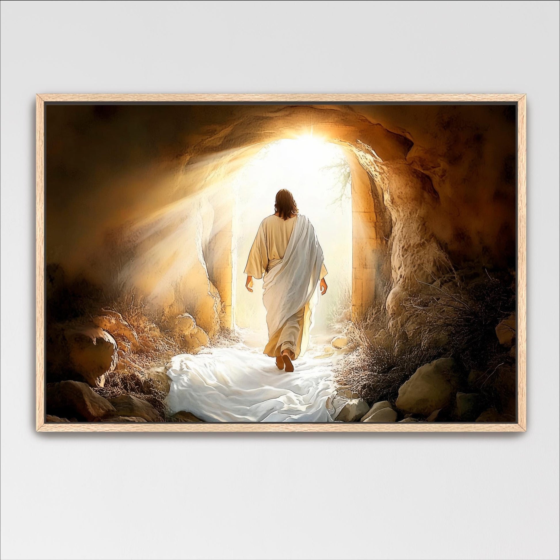 a person in a white robe walking through a cave with a bright light at the end, suggesting a path to the light at the end of the tunnel.