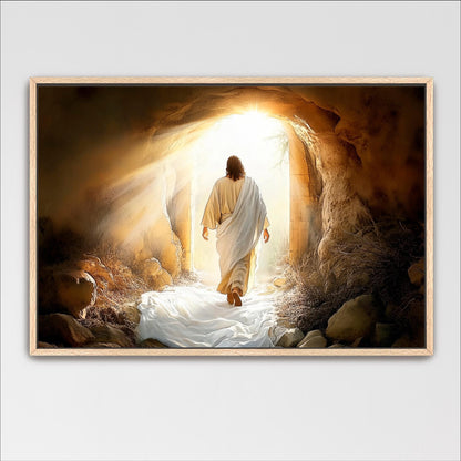 a person in a white robe walking through a cave with a bright light at the end, suggesting a path to the light at the end of the tunnel.