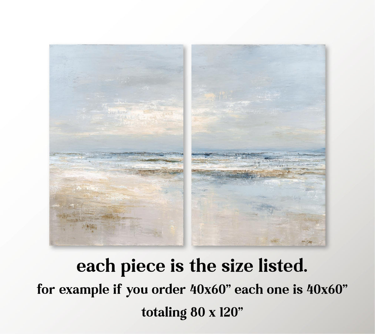 The image is a pair of paintings depicting a serene landscape with a beach and ocean. Each piece is 40x60 inches in size, as listed.