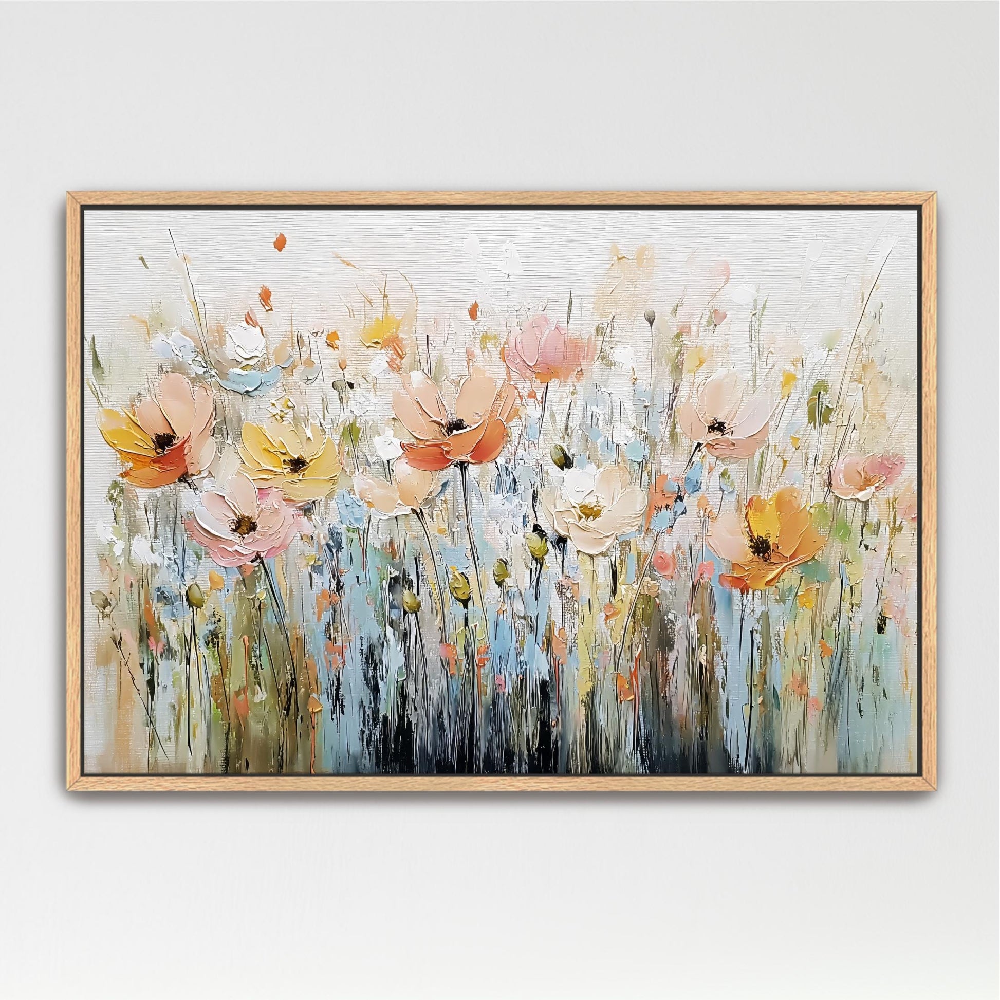 The image is a painting of a field of colorful flowers, including various types of blooms such as roses, lilies, and daisies, set against a light background.