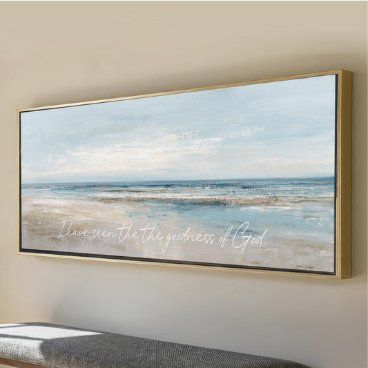 Ocean Abstract Art, I have Seen the Goodness of God, Blue Beige Large Framed Canvas Print, Landscape Wide, Calming Christian Coastal Religious Art, cottage home, beach house