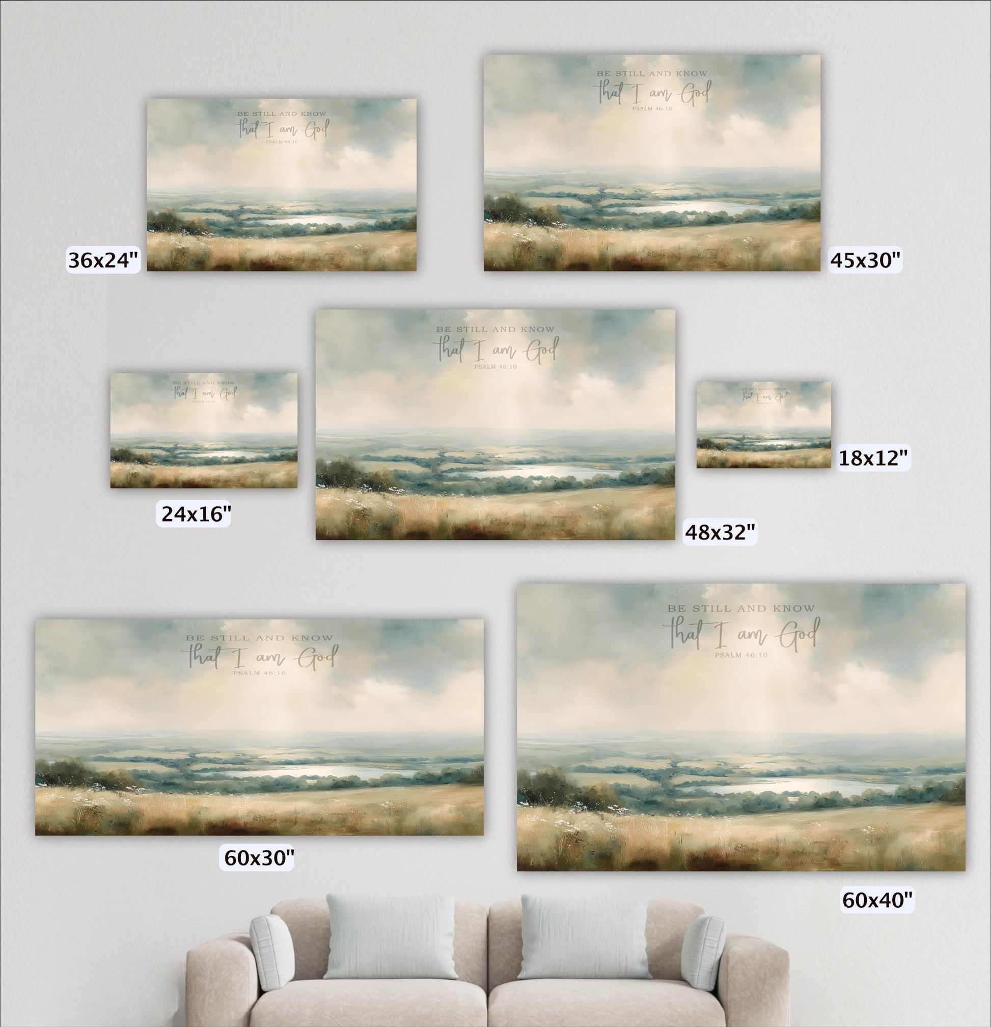 a collection of landscape paintings or photographs, each varying in size and frame, displayed on a wall.