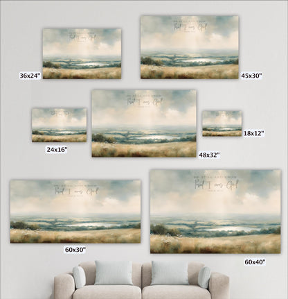 a collection of landscape paintings or photographs, each varying in size and frame, displayed on a wall.