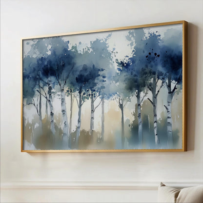The image is a large painting or artwork depicting a serene forest scene with tall trees and a misty, blue-green background.