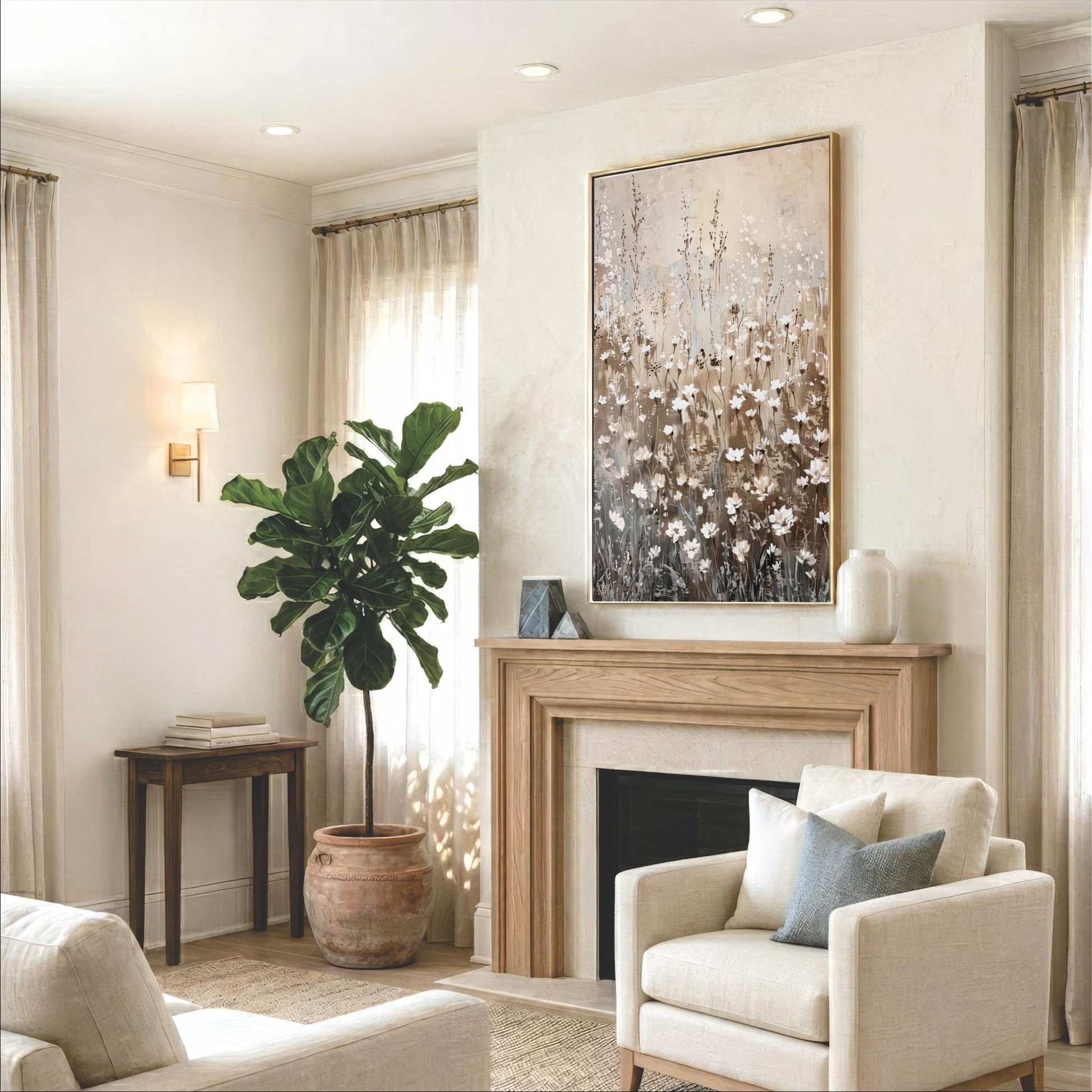 a cozy living room with a fireplace, a large potted plant, and a painting on the wall. The room is furnished with a sofa, a chair, and a coffee table, creating a comfortable and inviting atmosphere.