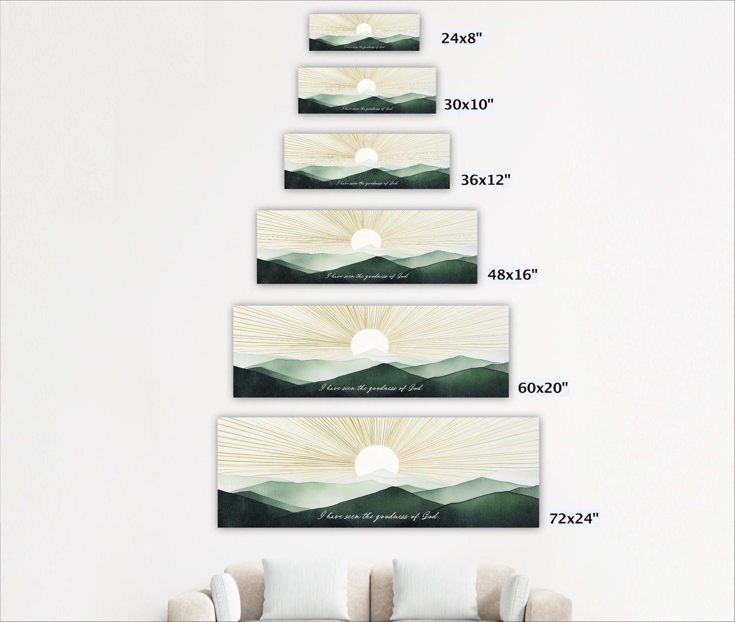 a series of landscape paintings or photographs depicting mountains and sunsets. The paintings vary in size, ranging from 24"x32" to 72"x24" and are arranged in a descending order from largest to smallest. The largest painting is labeled "60x20" and the smallest is labeled "72x24". The text "I have the glory of God" is visible in the bottom right corner of each painting.
