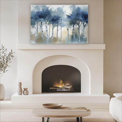 a cozy living room with a white fireplace, a wooden coffee table, and a painting of a forest scene above the fireplace.
