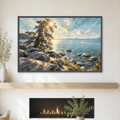 a large framed painting of a serene landscape with a rocky shore, a tree, and a body of water, hanging on a wall above a fireplace.