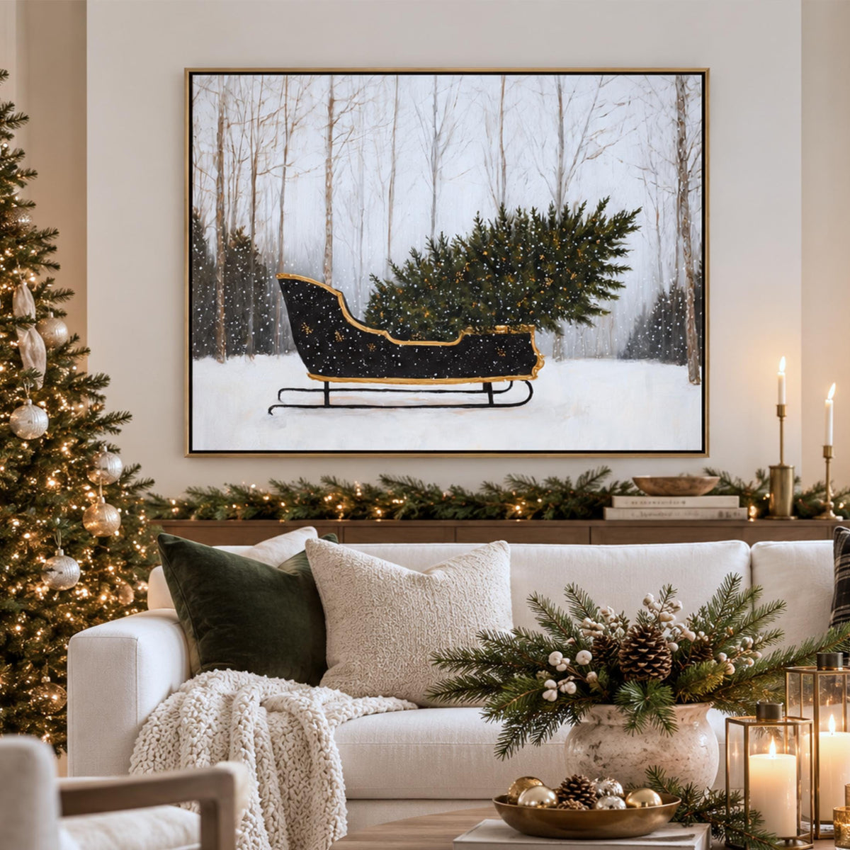 a cozy living room decorated for Christmas, featuring a large framed picture of a Christmas tree on the wall, a white sofa with decorative pillows, and a Christmas tree with ornaments.