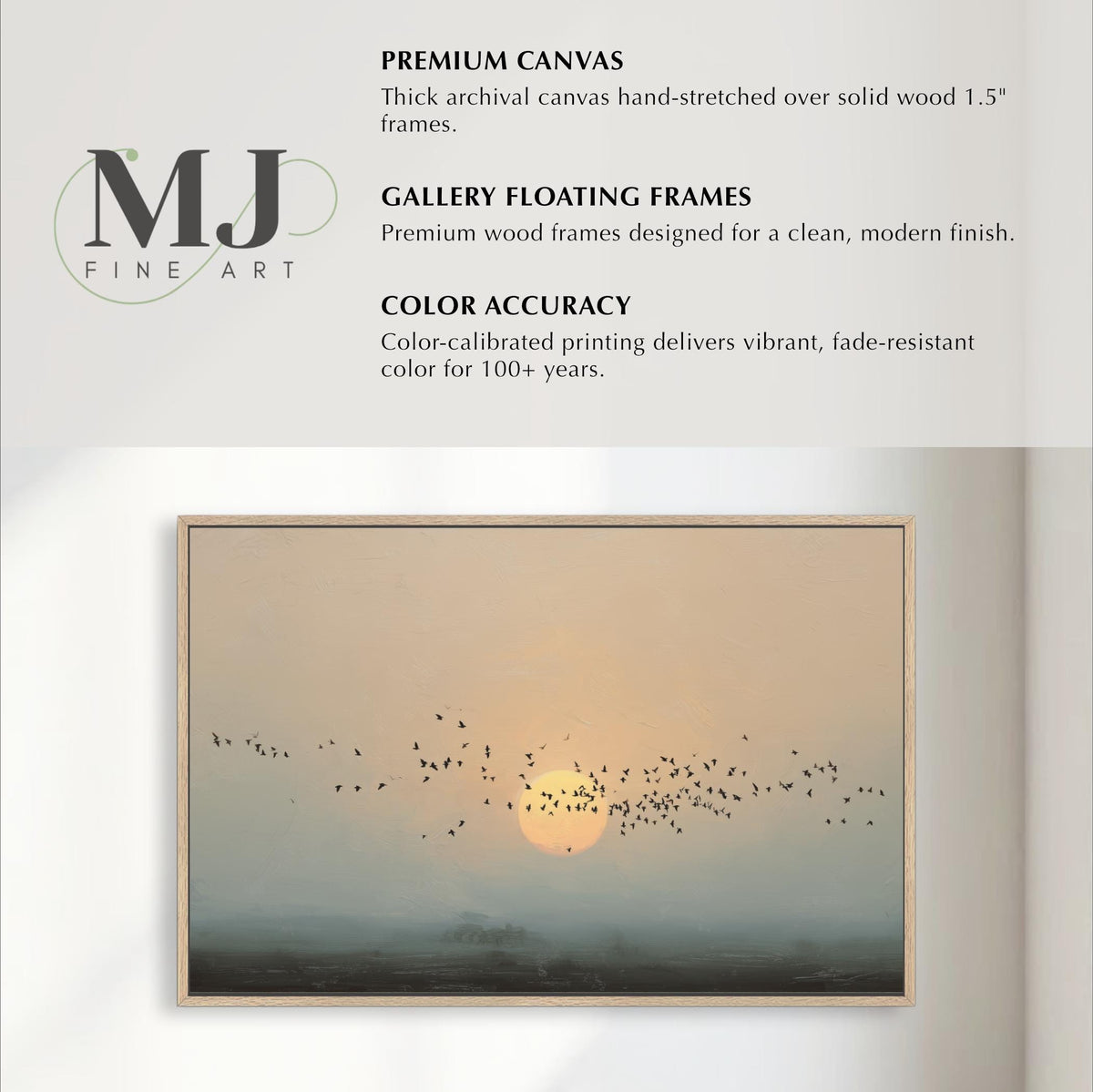 The image is a painting of a flock of birds flying over a landscape, with a sunset in the background.