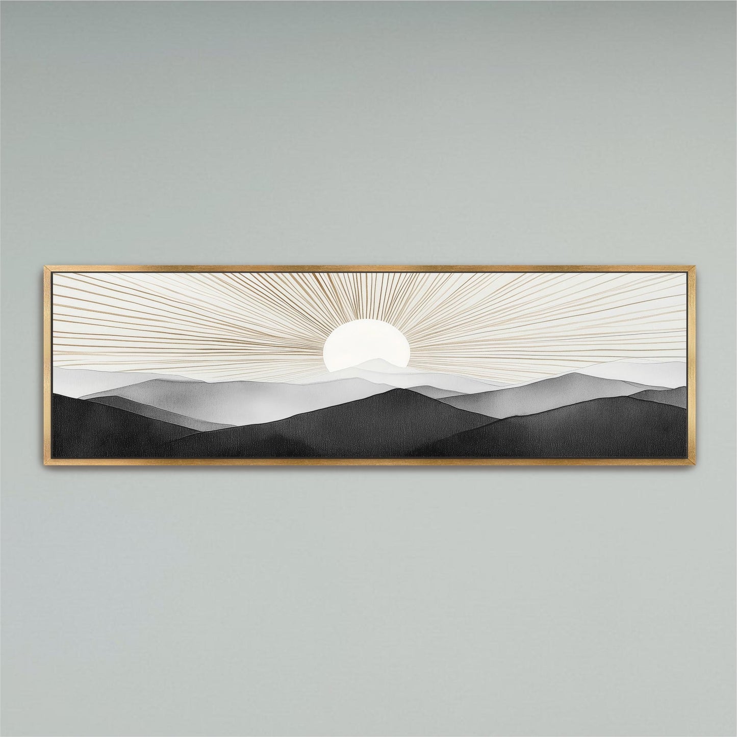 A framed artwork depicting a serene landscape with a sun rising over a mountain range.