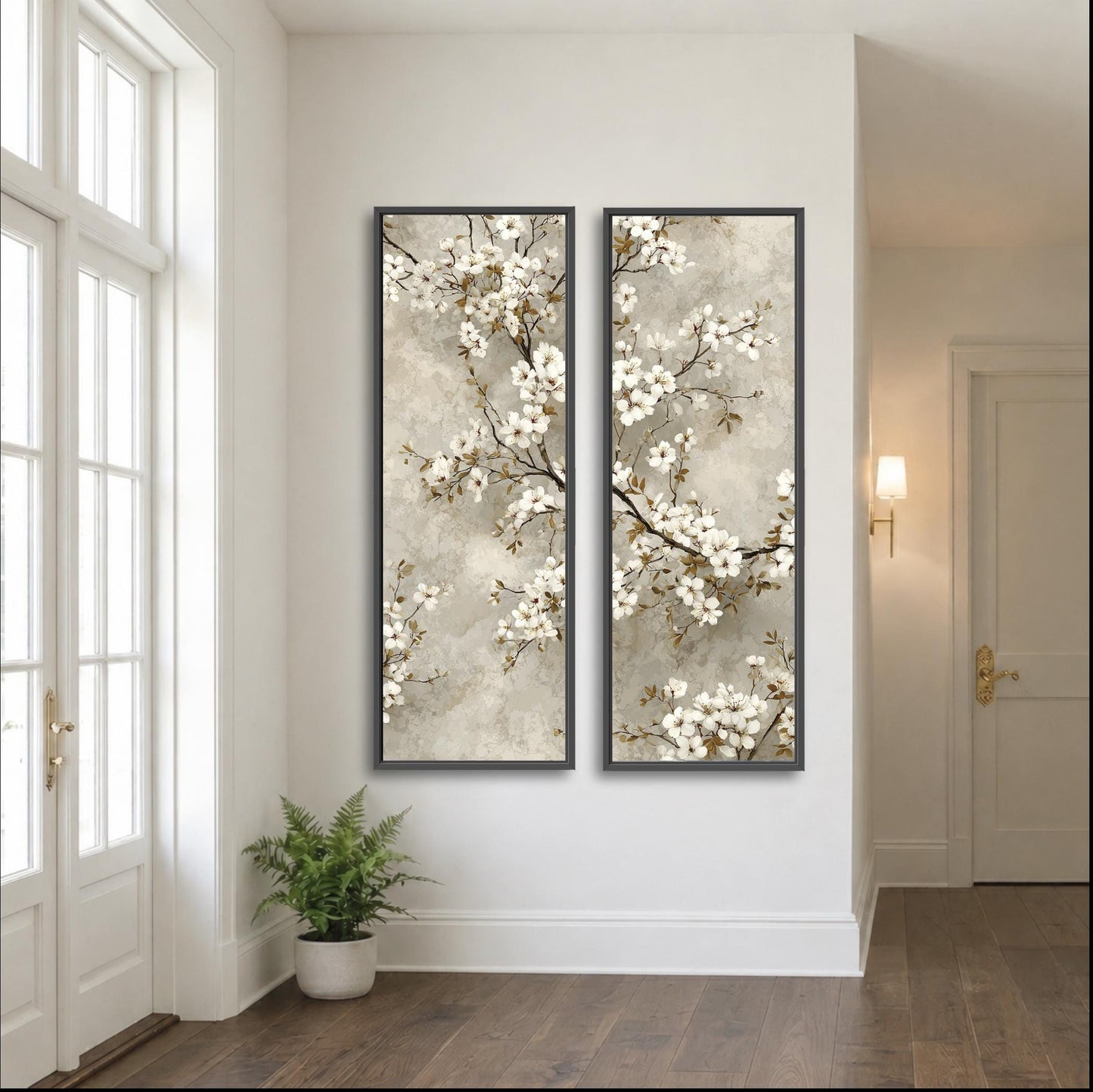 Cherry Blossom Framed Art Set of 2, Neutral Floral Diptych, Beige Botanical Canvas Prints, Tall Narrow Wall Decor, Entryway Artwork