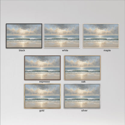 six framed pictures of a beach scene, each with a different color frame. The pictures are labeled with the color of the frame, such as black, white, maple, espresso, oak, and gold.