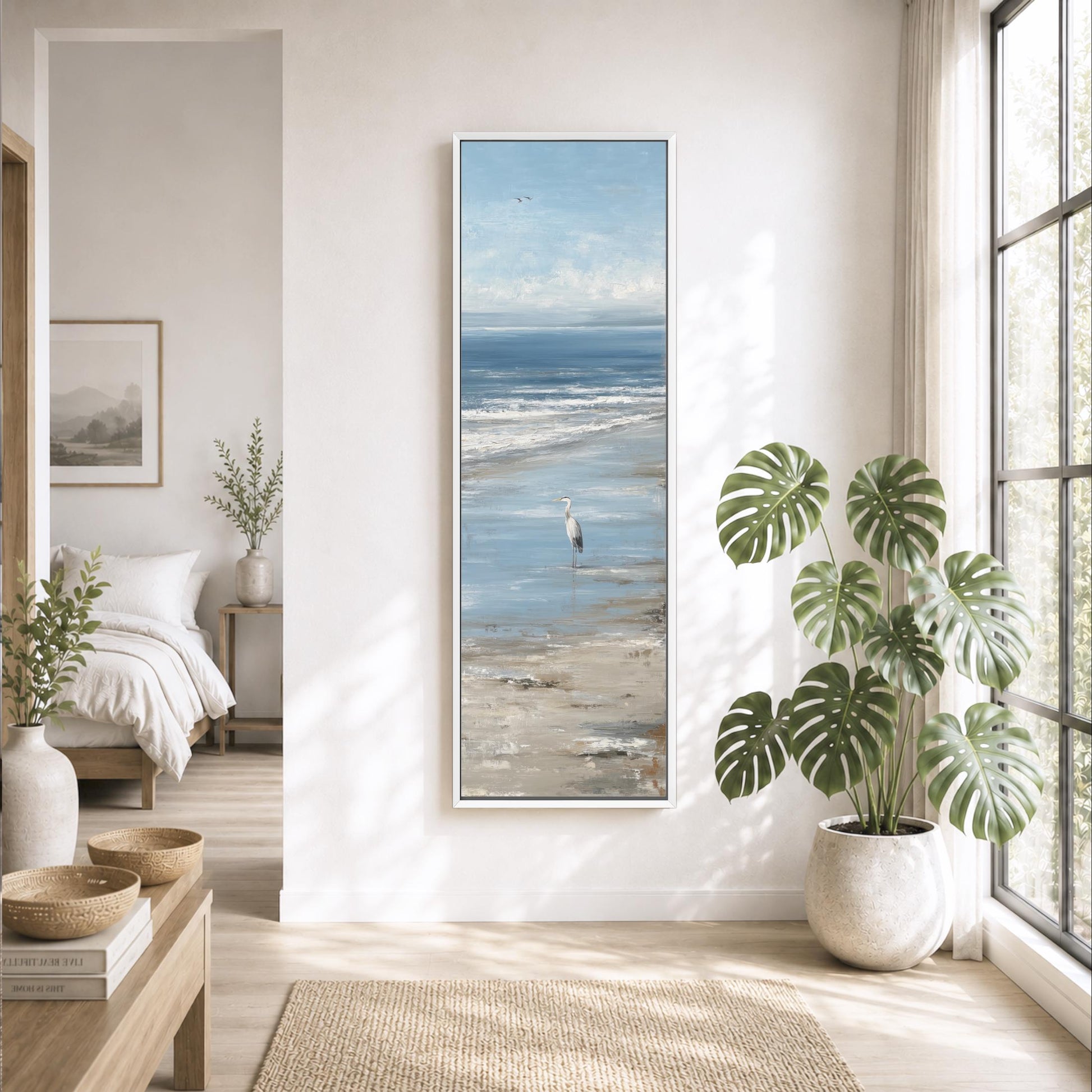 Great Blue Heron Wall Art, Coastal Beach Canvas Print, Lone Heron Ocean Painting, Vertical Coastal Bird Decor, Beach House Artwork, Seascape