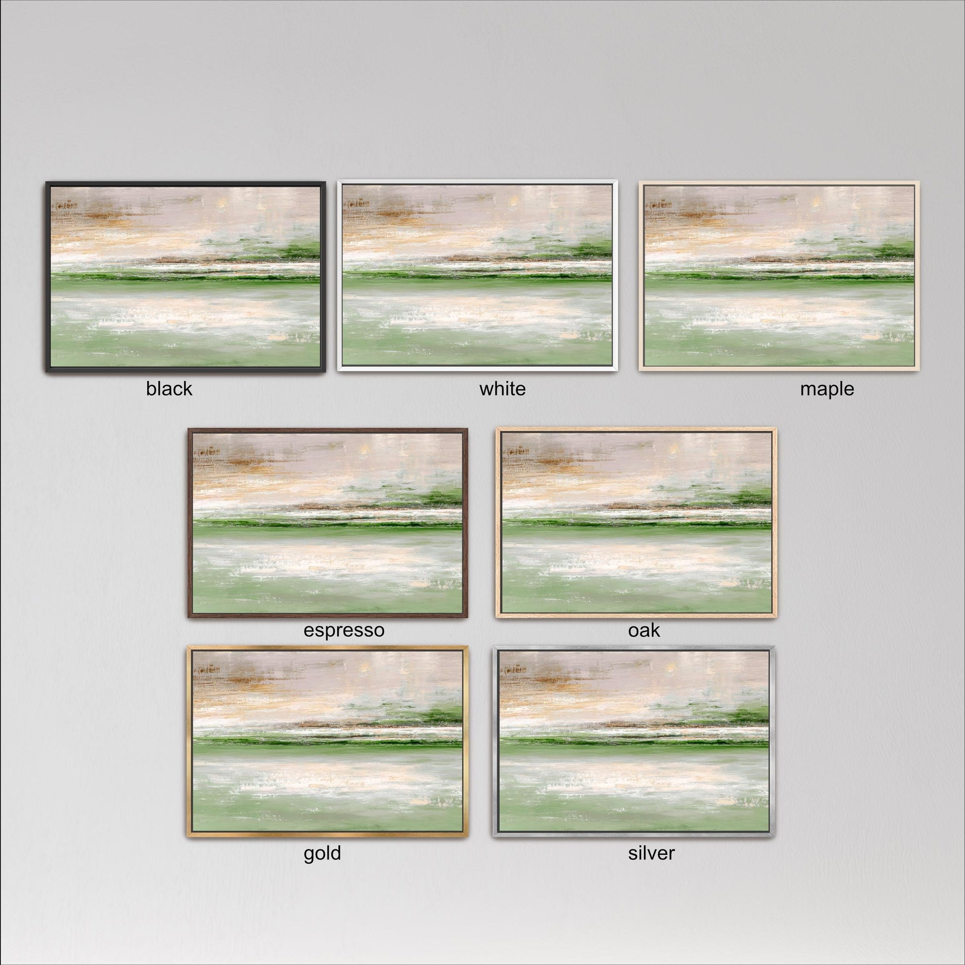six framed landscape paintings, each with a different color frame, arranged in a grid. The paintings depict various scenes, such as a beach, a forest, and a lake. The color of the frames is black, white, and maple, and the paintings are labeled with the color of the frame, which is black, white, and maple.