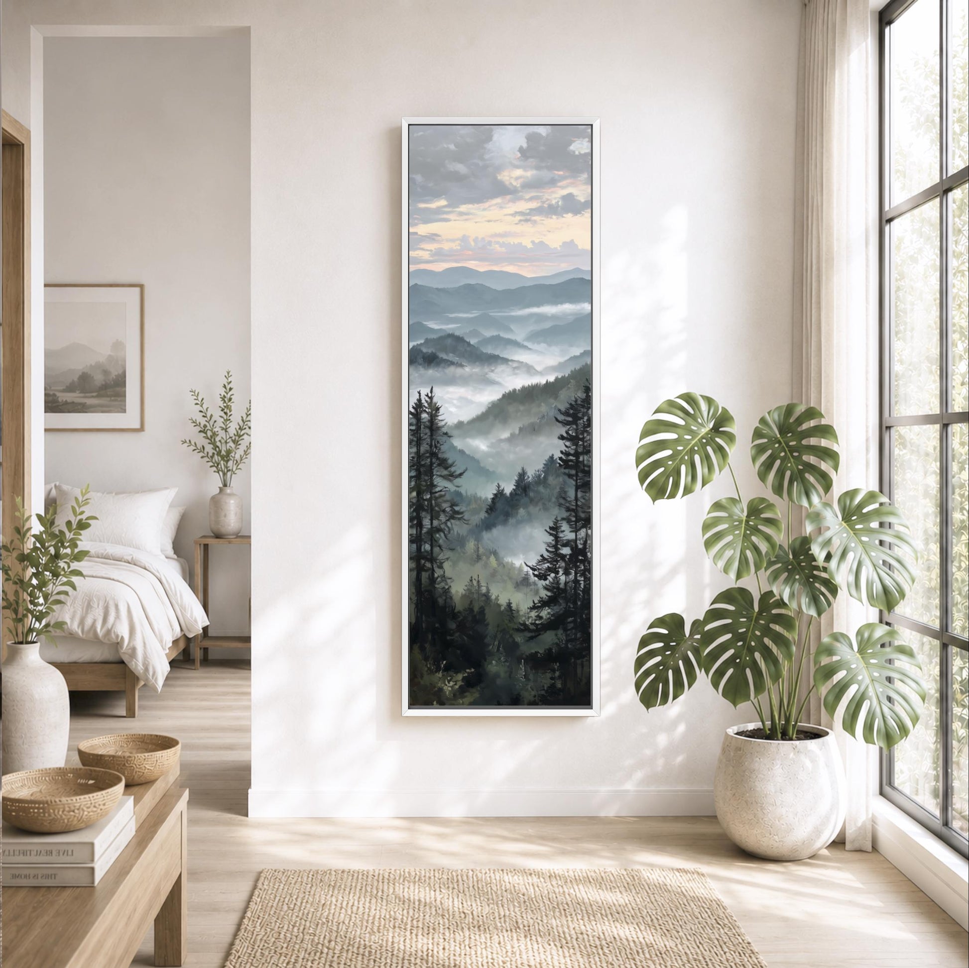 a serene and modern living room with a large window overlooking a mountainous landscape. The room is decorated with a large painting of a forest scene, a potted plant, and a vase of flowers. The overall atmosphere is calm and inviting, with the natural elements complementing the minimalist design.