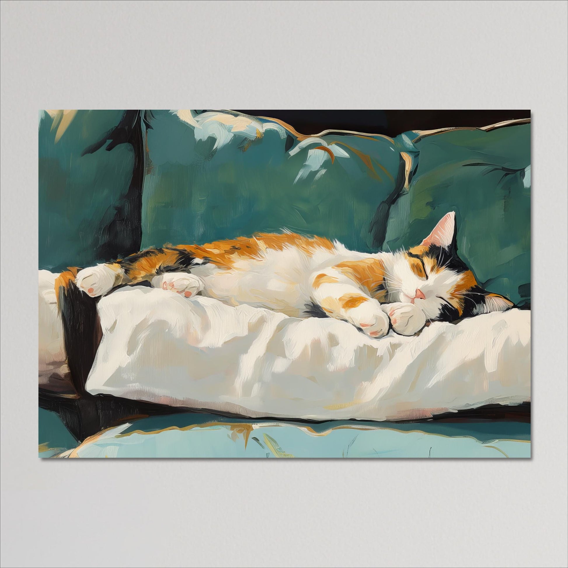 A painting of a cat sleeping on a white pillow on a green couch.