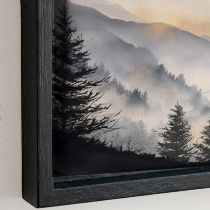 a serene landscape with a forest of tall trees silhouetted against a hazy, mountainous backdrop.