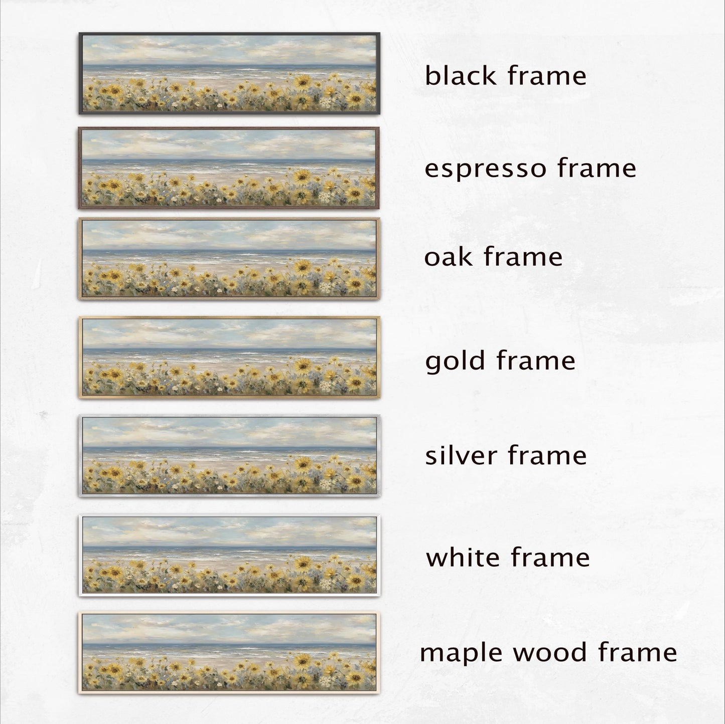 six different frames, each with a different frame color and style, including black, espresso, oak, gold, silver, and white.