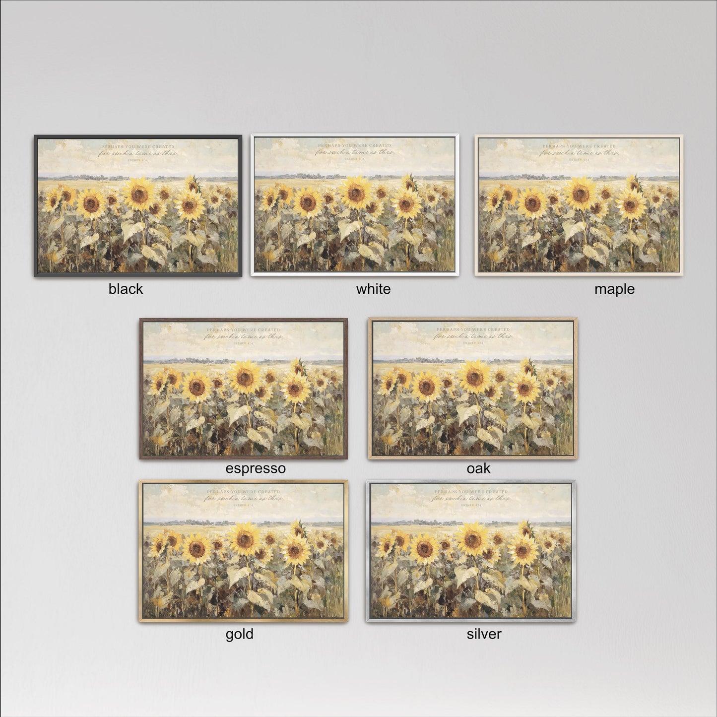 six framed pictures of sunflowers, each with a different color frame. The frames are labeled as black, white, maple, espresso, oak, gold, and silver.