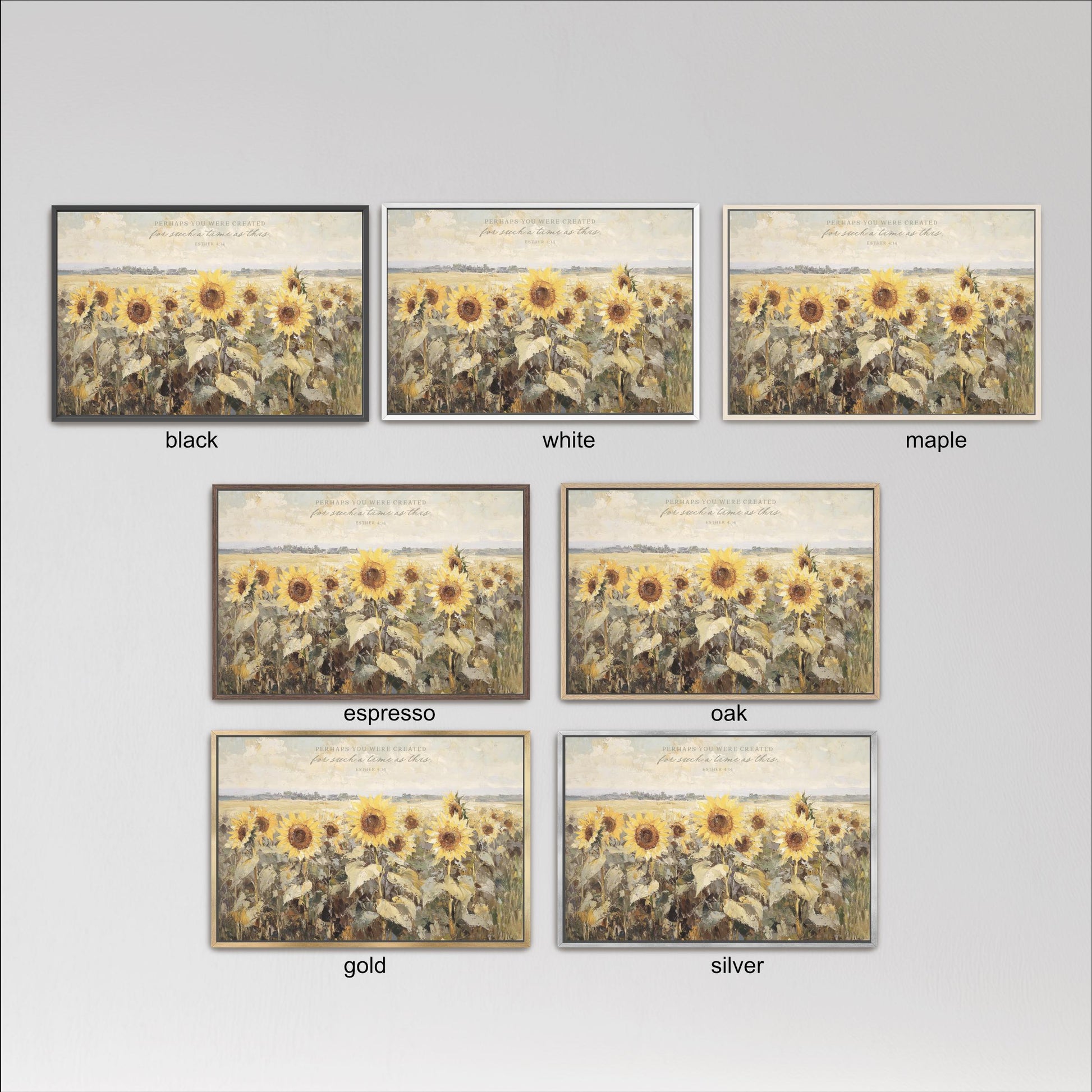 six framed pictures of sunflowers, each with a different color frame. The frames are labeled as black, white, maple, espresso, oak, gold, and silver.