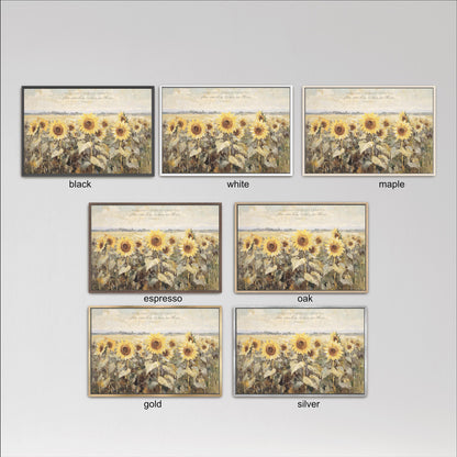 six framed pictures of sunflowers, each with a different color frame. The frames are labeled as black, white, maple, espresso, oak, gold, and silver.