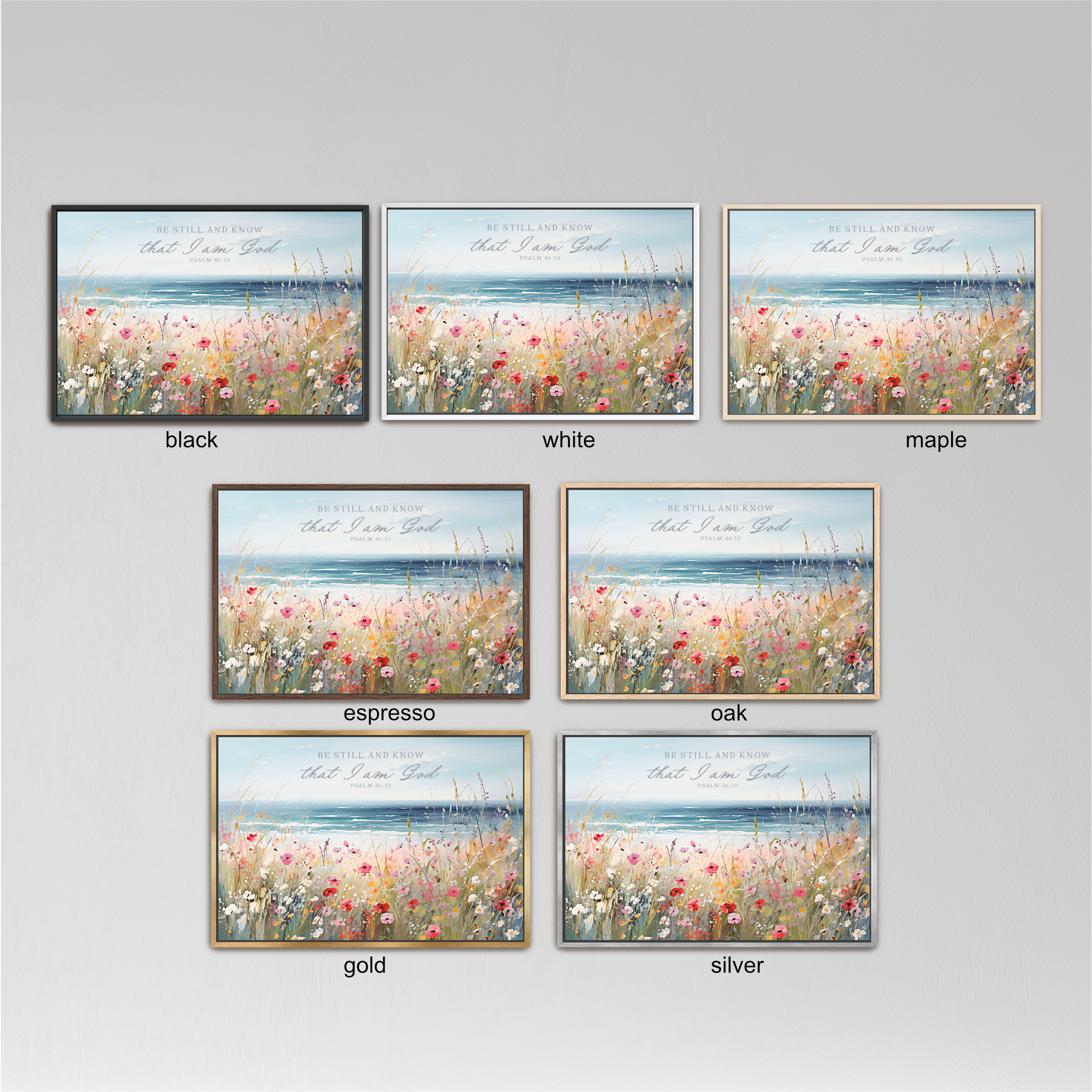 six different framed pictures of a field with flowers, each in a different color and frame style.