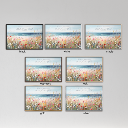 six different framed pictures of a field with flowers, each in a different color and frame style.