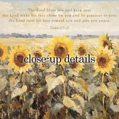 The image is a close-up of a field of vibrant yellow sunflowers, with a text overlay that reads "The Lord Bless you and keep you; the Lord make his face shine on you and begracious to you the Lord turn his face towards you and give you peace." The text is located in the upper part of the image, and the sunflowers are in the lower part.