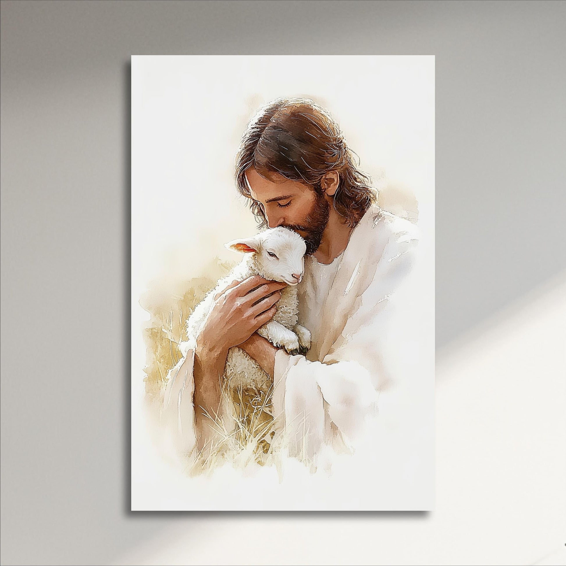 A painting of Jesus Christ holding a lamb, with a serene and peaceful expression on his face.