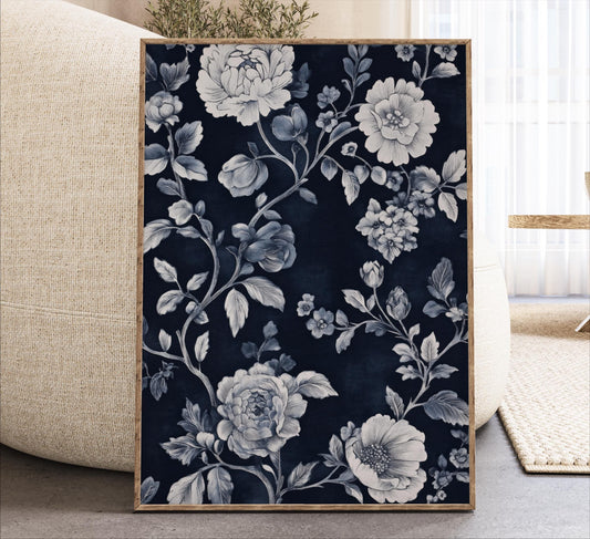 Navy Blue Floral Wall Art, Framed Vintage Botanical Artwork, Moody Flower Canvas Print, Chinoiserie Inspired Decor, Dark Blue White Floral
