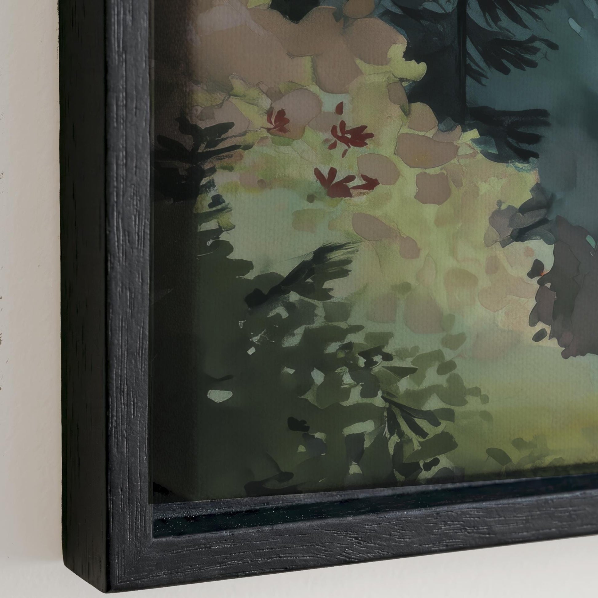 The image is a framed painting depicting a lush, green forest scene with various shades of green and brown.