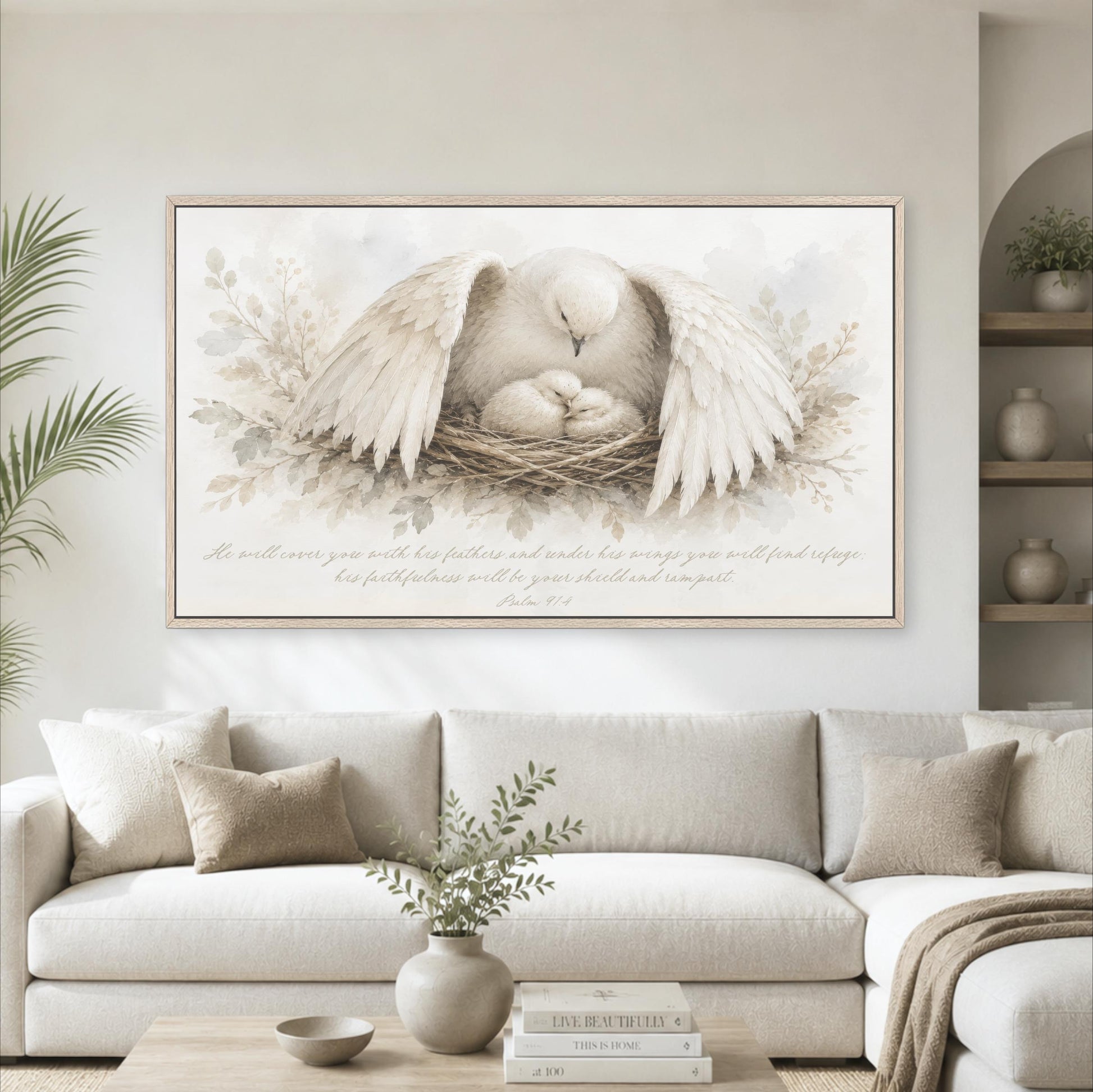 A large framed painting of a white dove with its wings spread, resting in a nest, is displayed on a wall above a white sofa in a living room.
