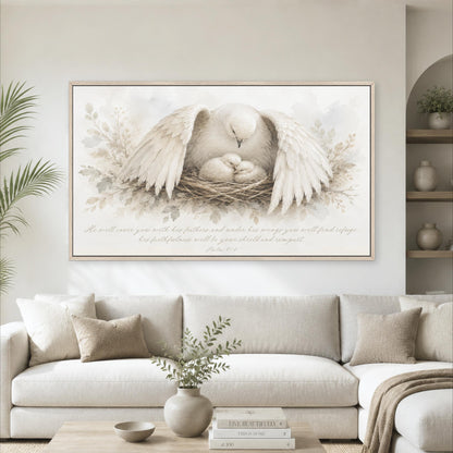 A large framed painting of a white dove with its wings spread, resting in a nest, is displayed on a wall above a white sofa in a living room.
