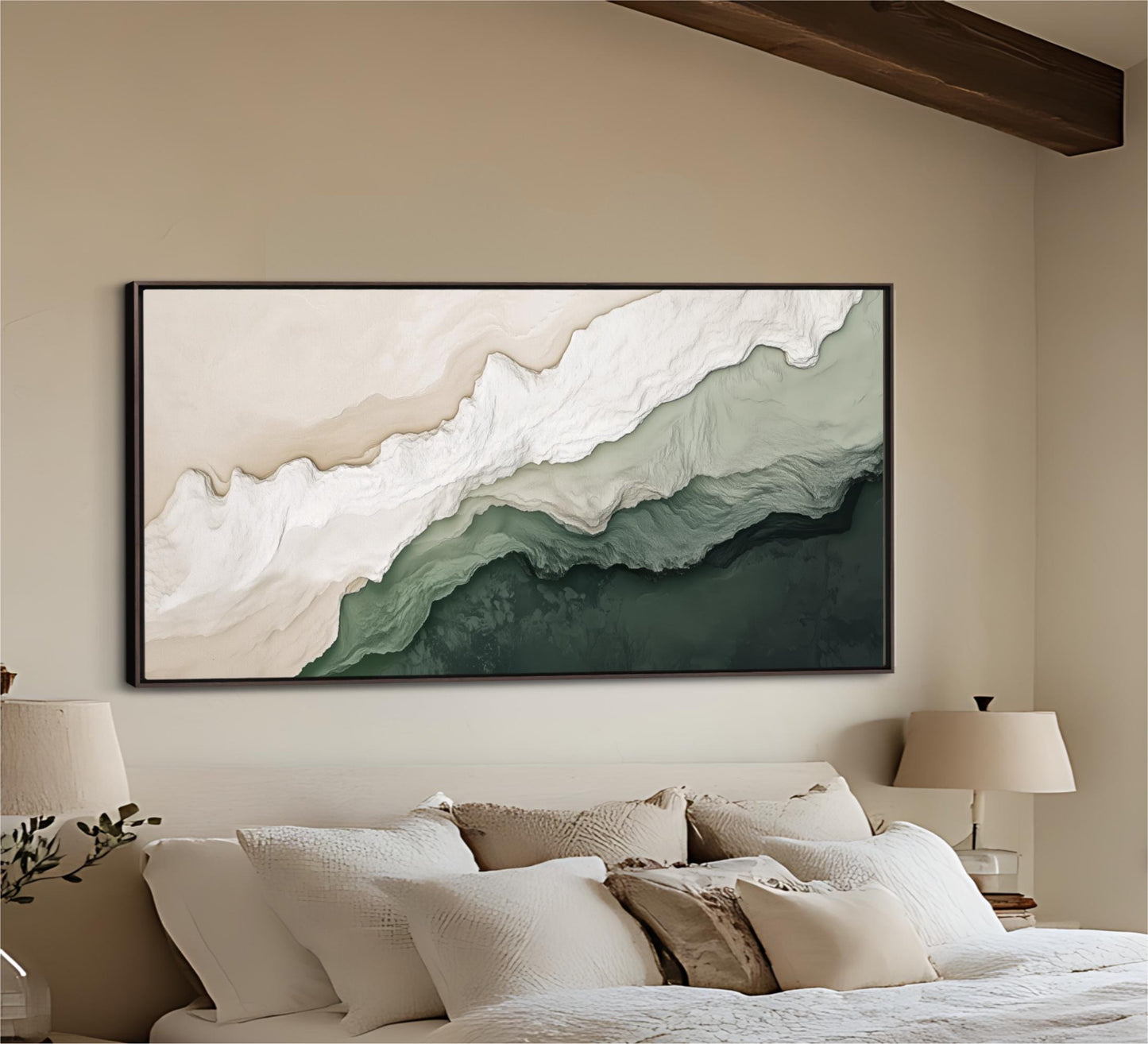 a large abstract painting hanging on a wall above a bed with white pillows and a white comforter.