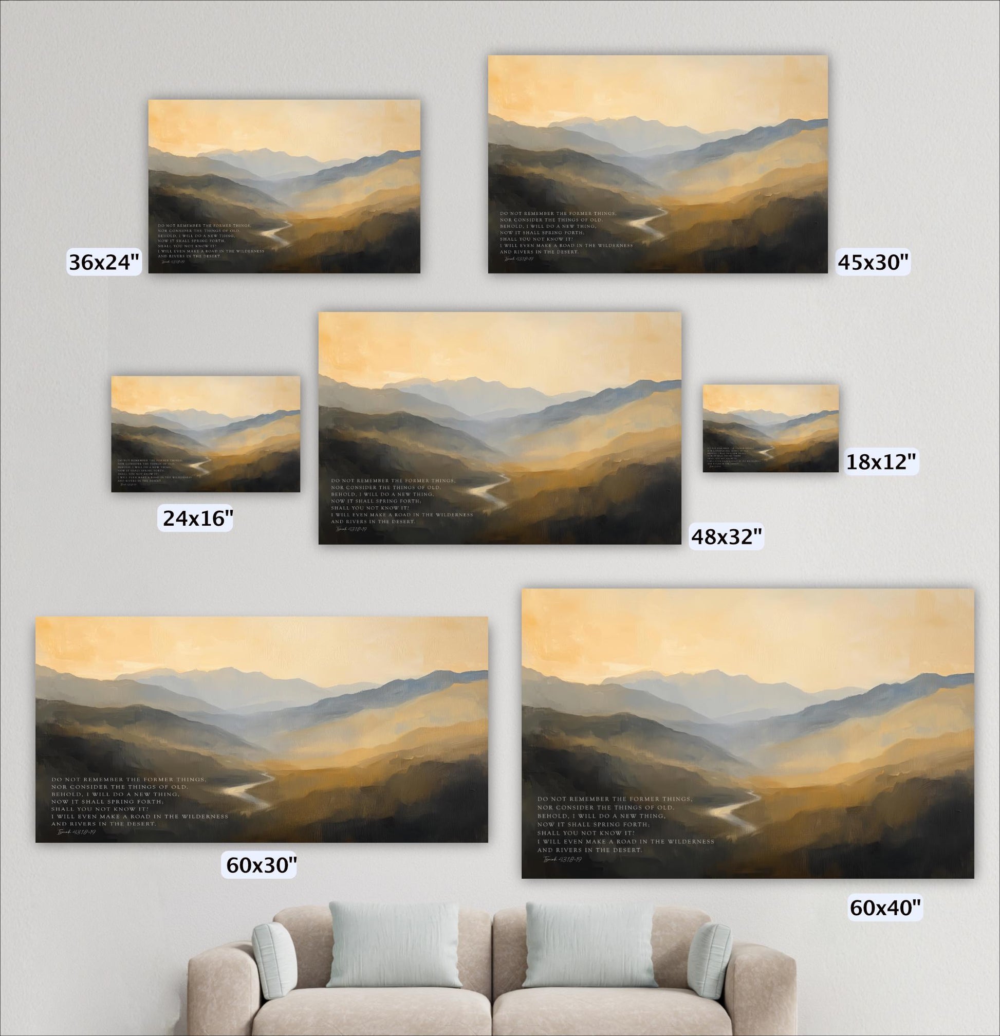 a collection of landscape paintings or photographs depicting various scenic mountain views, each with different sizes and dimensions.