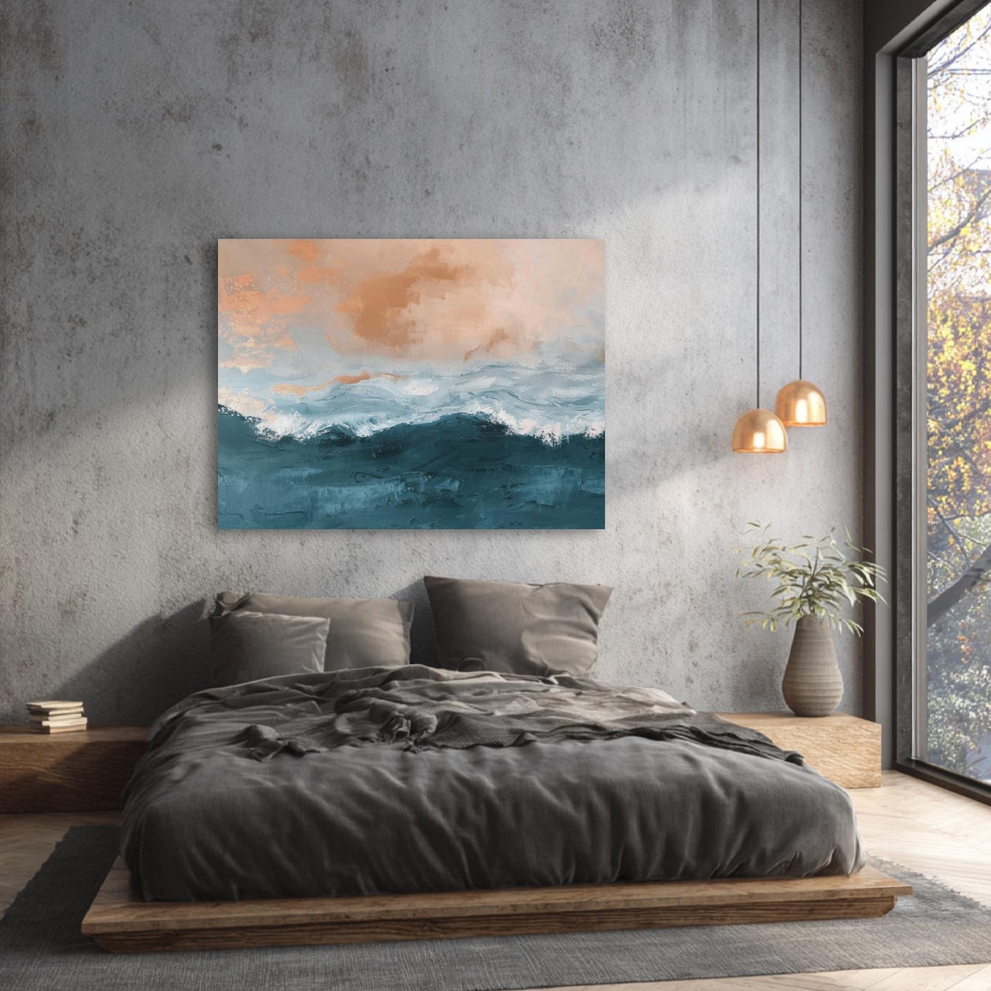 a serene bedroom scene with a large bed, a painting of a seascape, and a window overlooking trees.