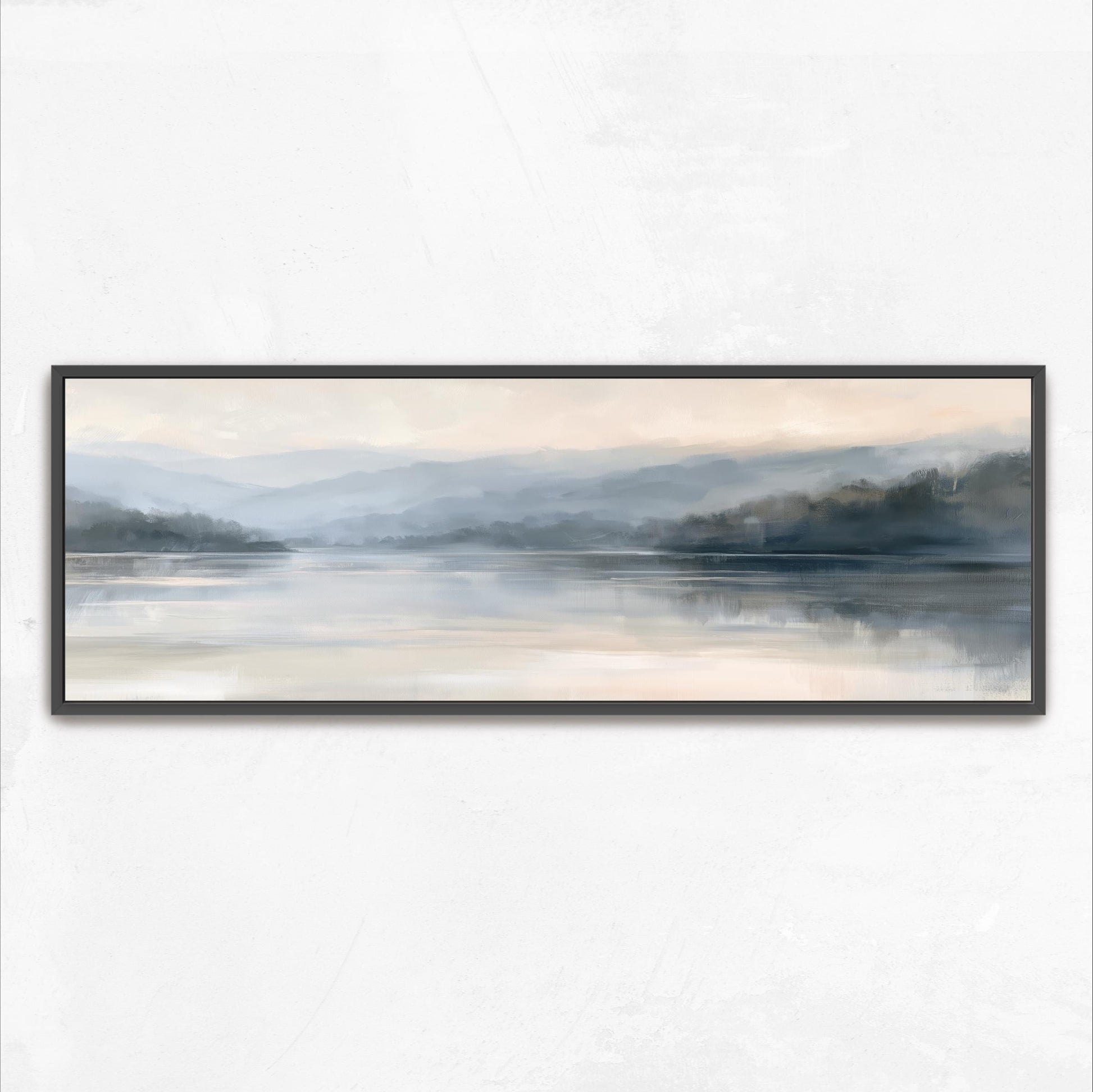 A serene landscape painting depicting a calm lake surrounded by mountains, with a hazy, misty atmosphere.
