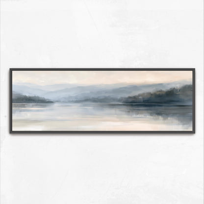 A serene landscape painting depicting a calm lake surrounded by mountains, with a hazy, misty atmosphere.