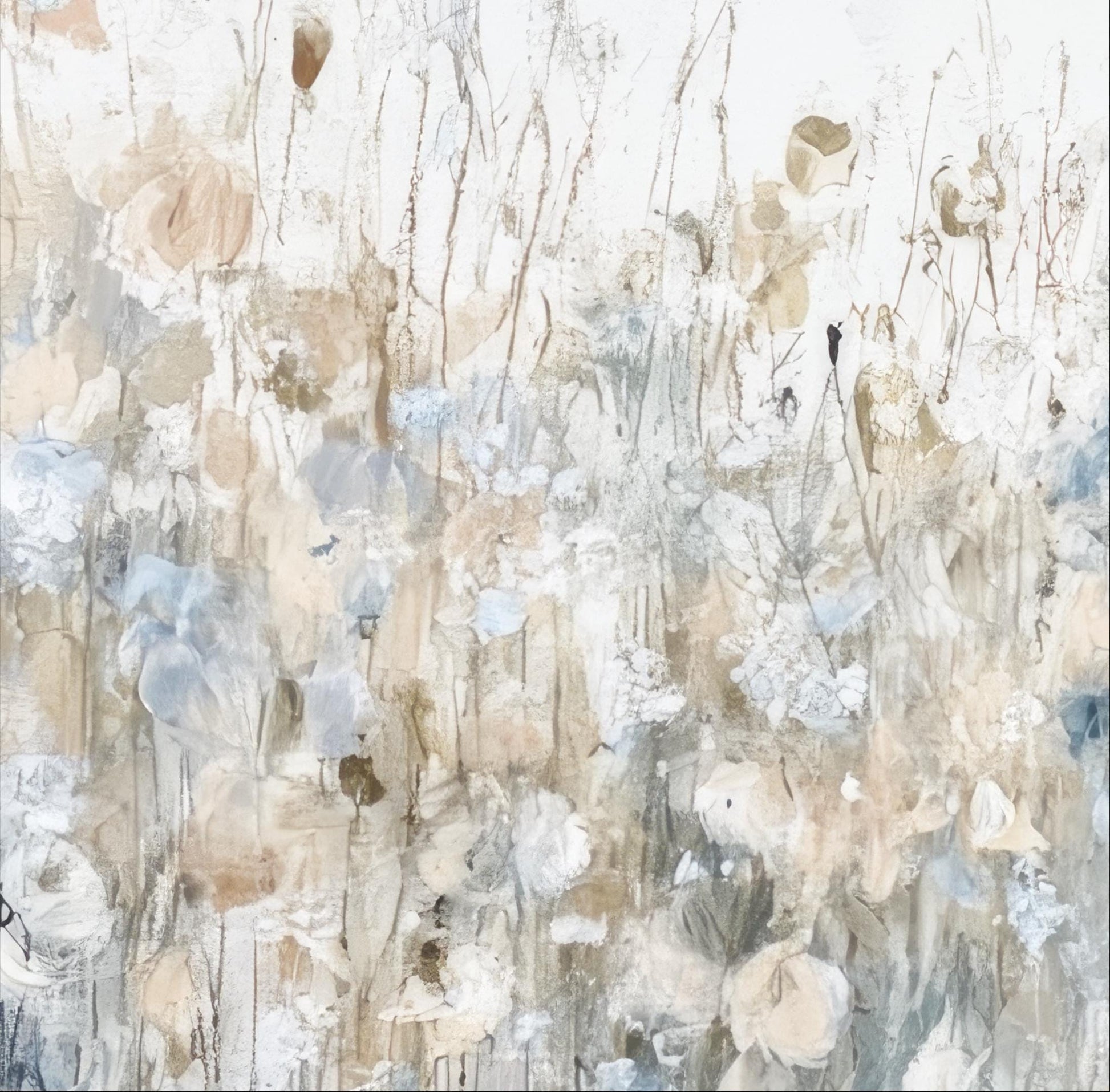 The image is an abstract painting with a textured, layered appearance. It features a variety of colors and brushstrokes, creating a sense of depth and movement. The overall composition is visually engaging and evokes a sense of tranquility.