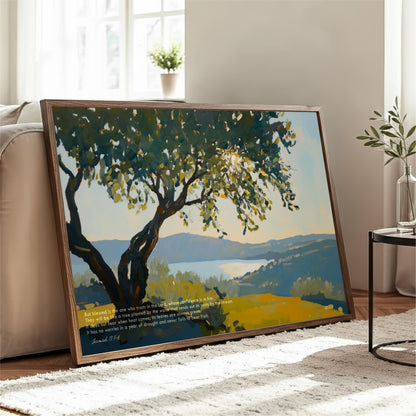 A large framed painting depicting a serene landscape with a tree and a body of water, placed on a white rug in a living room.