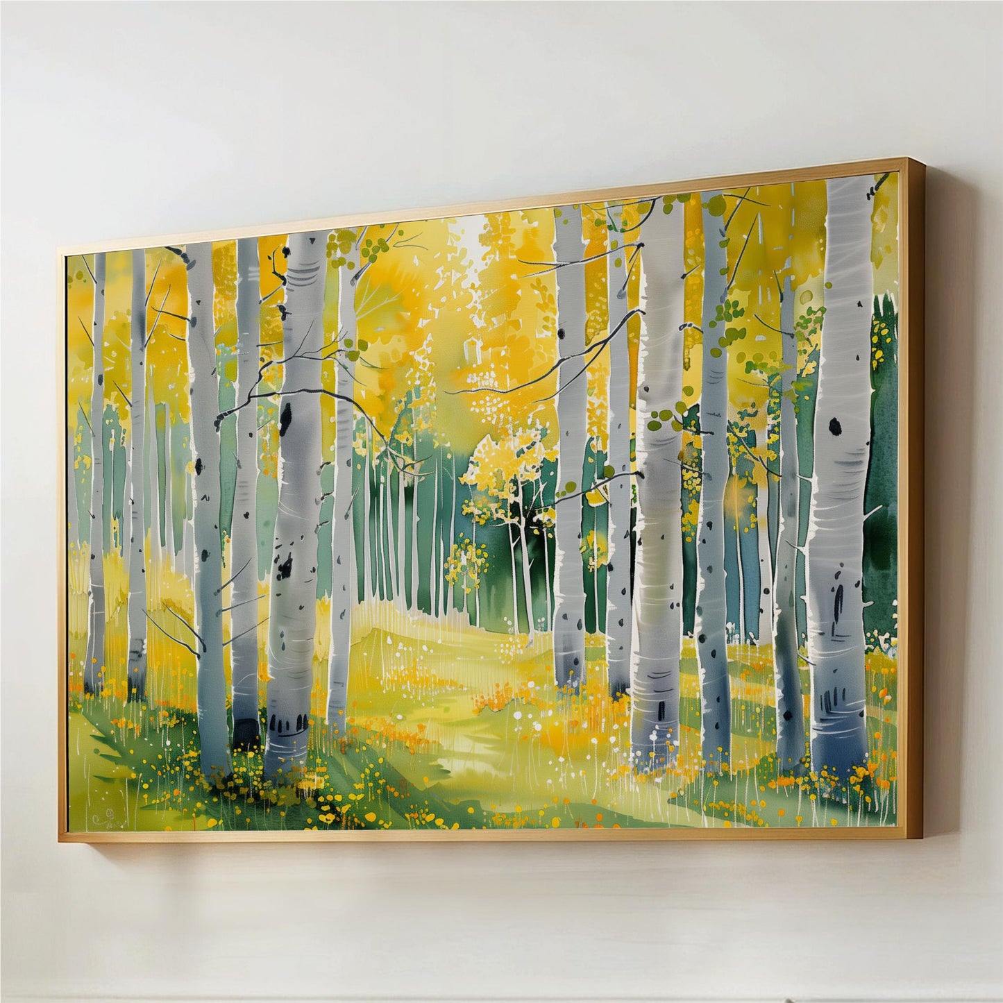 The image is a painting of a forest with tall trees and yellow leaves, creating a vibrant and colorful scene.