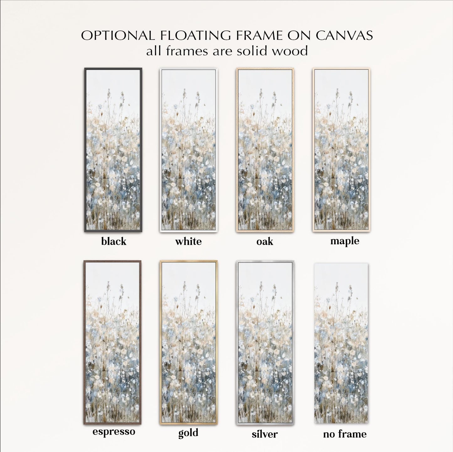 a collection of eight framed artworks, each with a different color and frame style, arranged in a grid format.