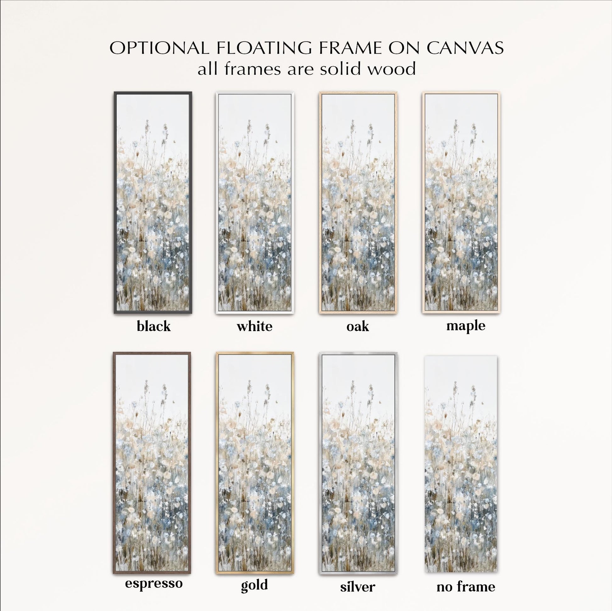 a collection of eight framed artworks, each with a different color and frame style, arranged in a grid format.