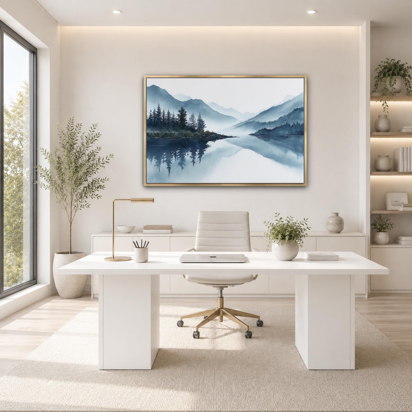 a modern, minimalist office space with a large window overlooking a scenic landscape. The office features a white desk with a computer, a comfortable-looking chair, and a framed landscape painting on the wall. The room is decorated with potted plants and other natural elements, creating a serene and calming atmosphere.