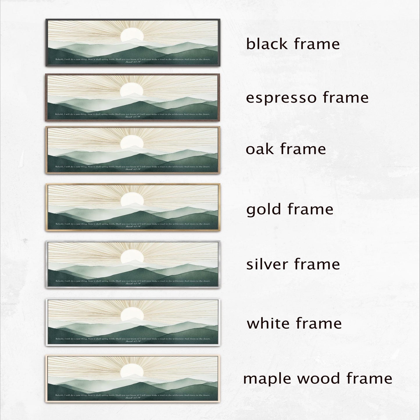 a series of six framed landscape scenes, each with a different frame color and style. The frames include black, espresso, oak, gold, silver, and white frames, as well as a maple wood frame. The frames are arranged in a row, showcasing the variety of options available for framing artwork or photographs.