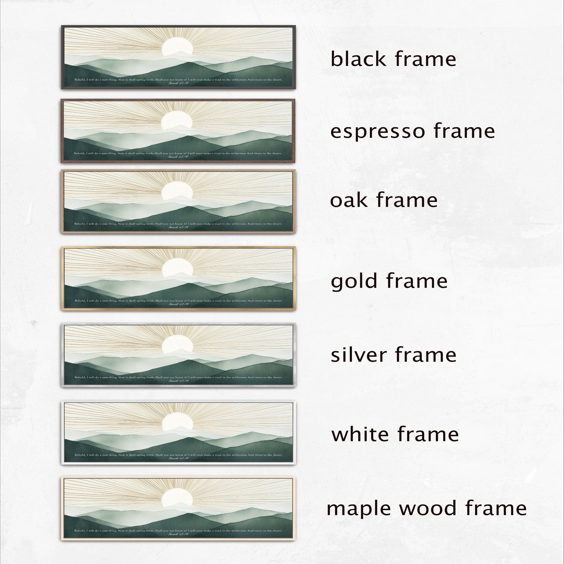a series of six framed landscape scenes, each with a different frame color and style. The frames include black, espresso, oak, gold, silver, and white frames, as well as a maple wood frame. The frames are arranged in a row, showcasing the variety of options available for framing artwork or photographs.