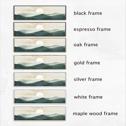 a series of six framed landscape scenes, each with a different frame color and style. The frames include black, espresso, oak, gold, silver, and white frames, as well as a maple wood frame. The frames are arranged in a row, showcasing the variety of options available for framing artwork or photographs.
