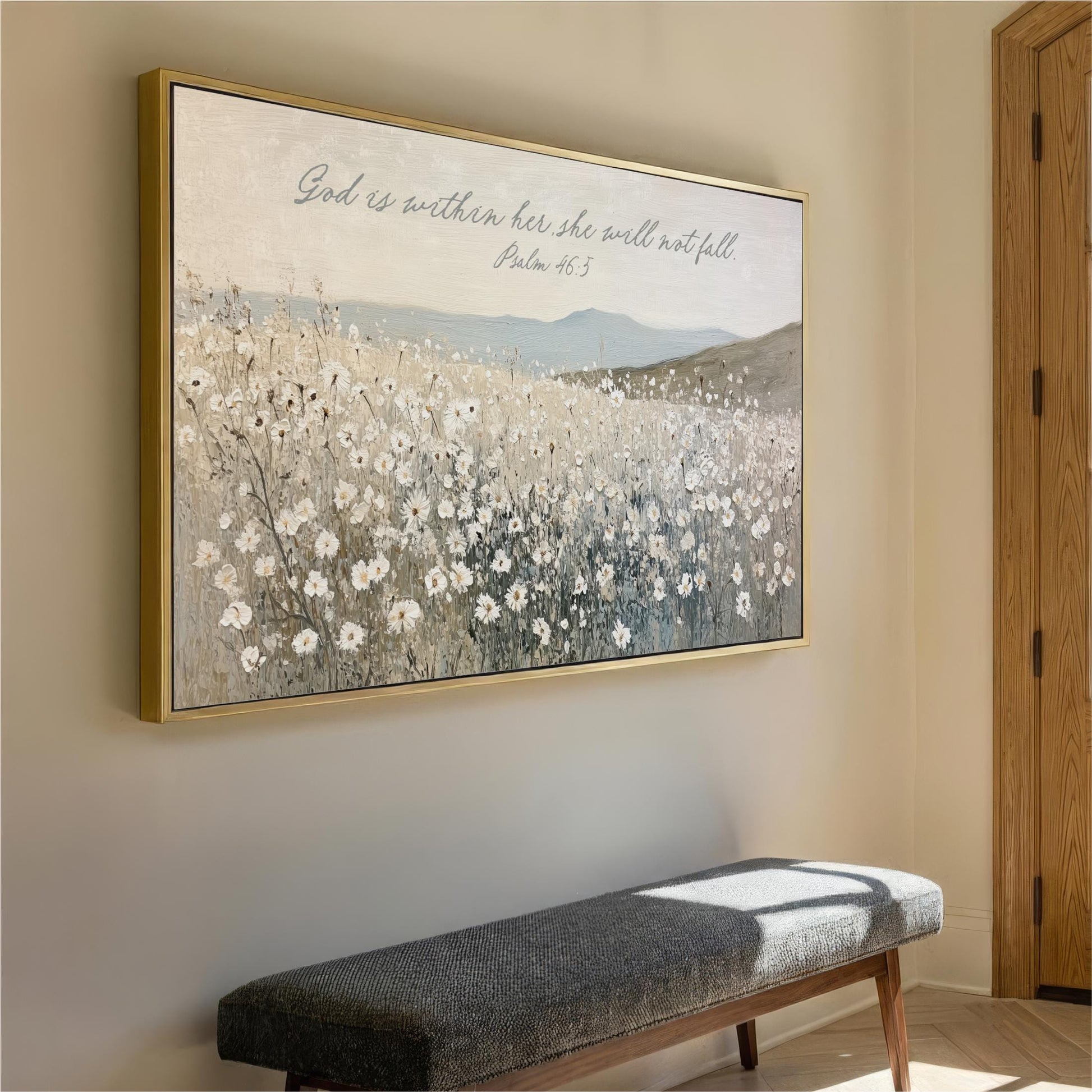 a large framed painting of a field of white flowers hanging on a wall.