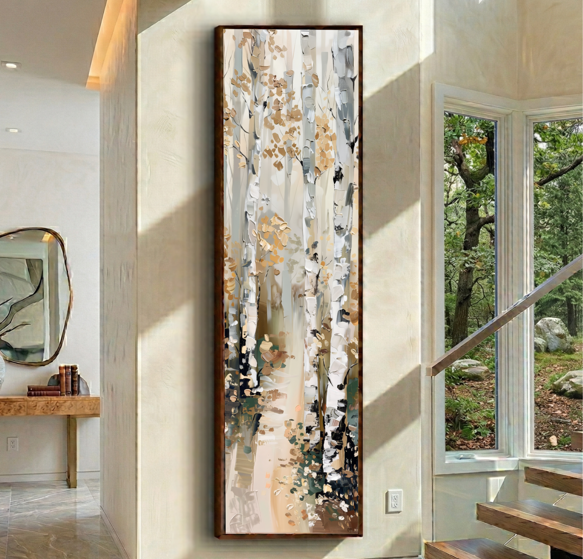 a large, long painting of a forest scene hanging on a wall in a room with a window and a mirror.